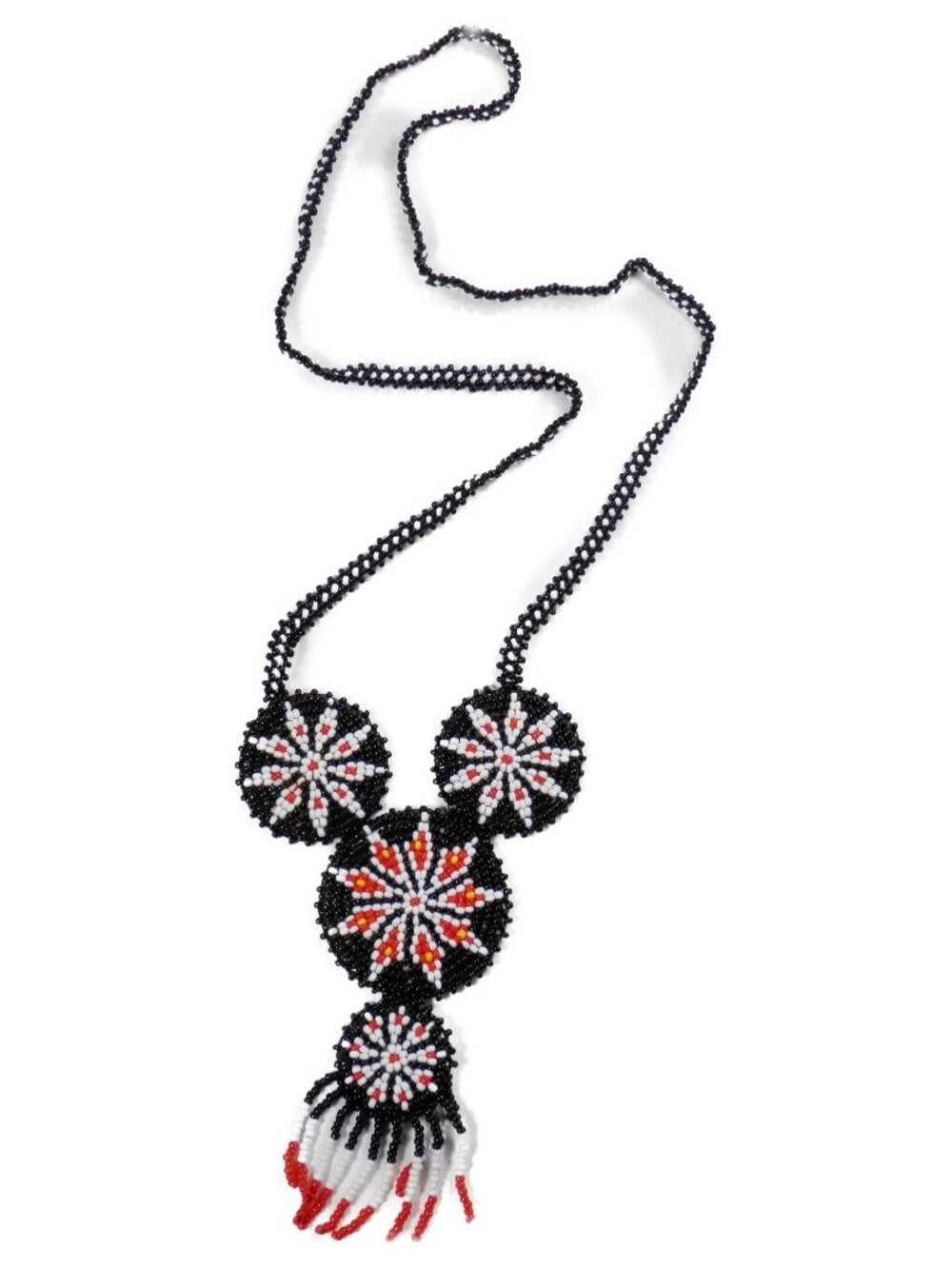 Vintage Beaded Native American Hand Beaded Triple Medallion Necklace Black Red